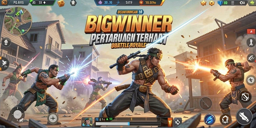 Screenshot BIGWINNER menampilkan aksi seru pertarungan Battle Royale.