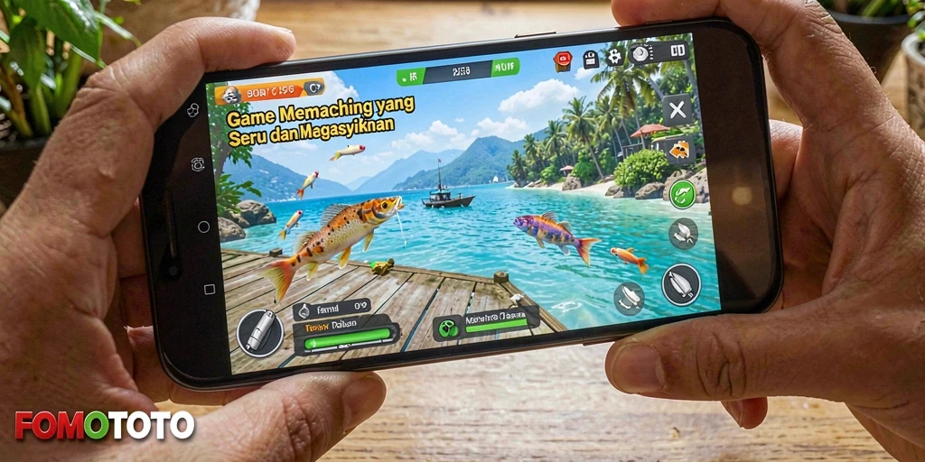 Screenshot gameplay FOMOTOTO menampilkan aksi memancing yang seru.