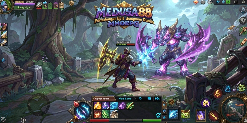 Tampilan gameplay menarik dalam <strong>MEDUSA88</strong>, menampilkan aksi pertempuran epik.
