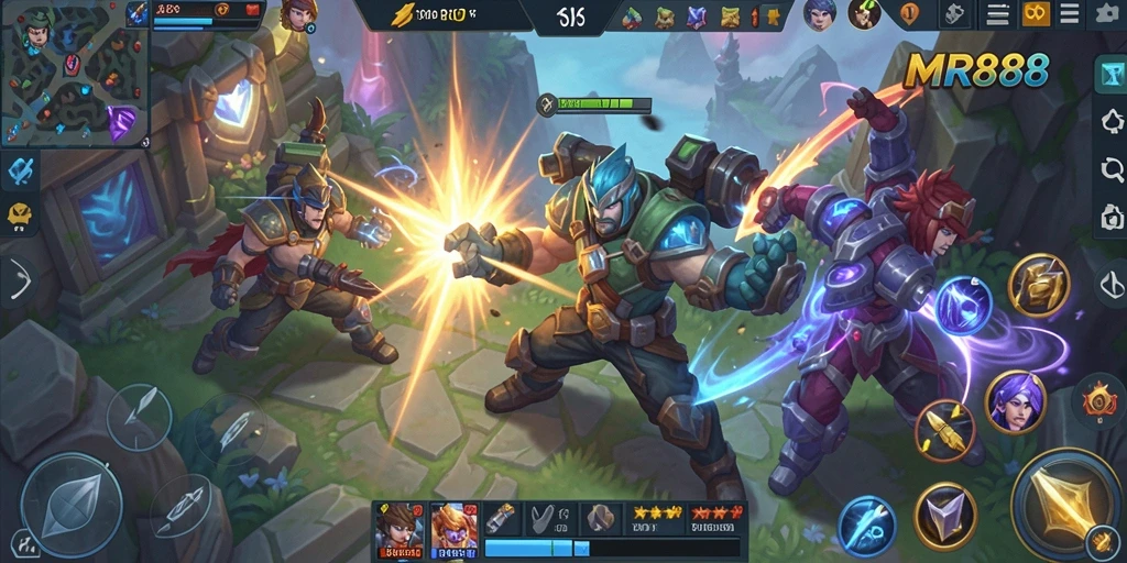 Tampilan aksi pertarungan seru dalam game MOBA MR888.