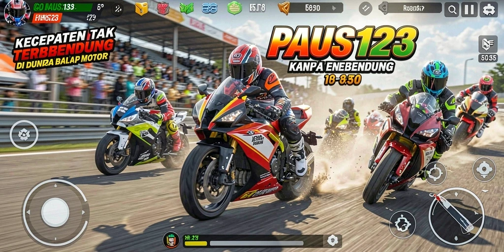 Screenshot utama PAUS123 menampilkan balapan motor yang seru di trek yang menantang.
