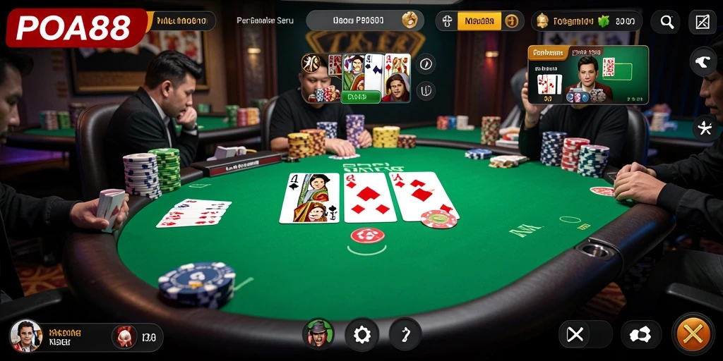 Tampilan gameplay utama POA88 dengan pemain yang bersaing di meja poker.