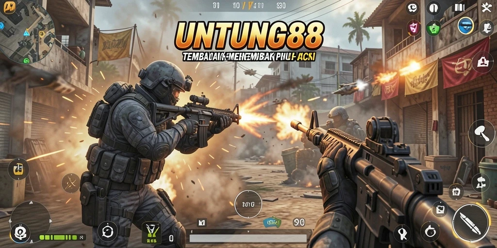 Screenshot UNTUNG88 menampilkan aksi tembak-menembak yang intens.
