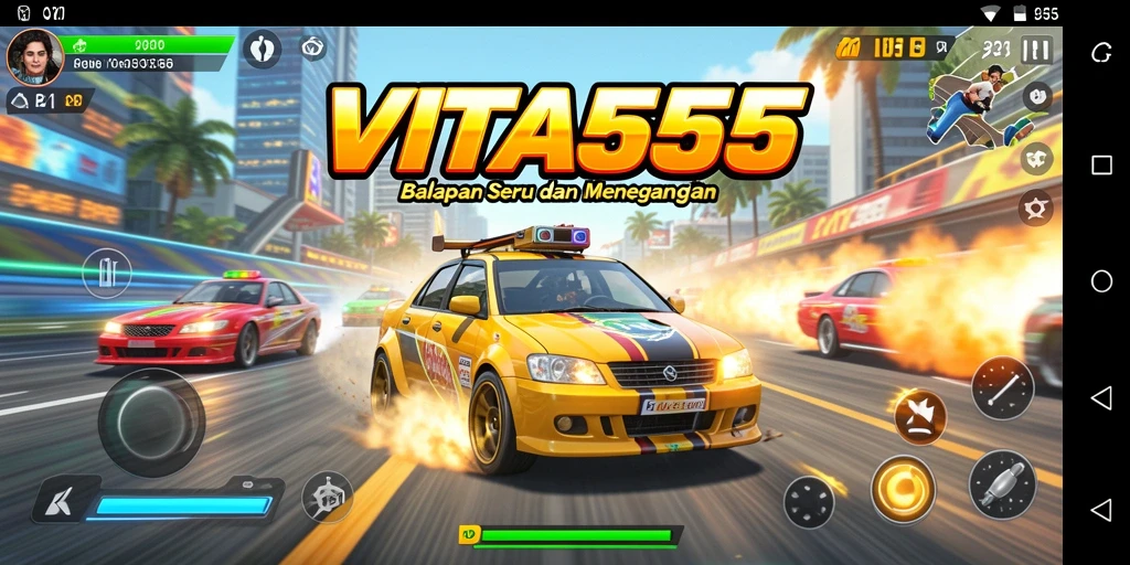 Tangkapan layar menampilkan aksi balapan di VITA555 dengan kecepatan tinggi.