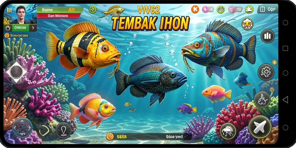 Screenshot gameplay VV62 menampilkan aksi tembak ikan yang menegangkan.