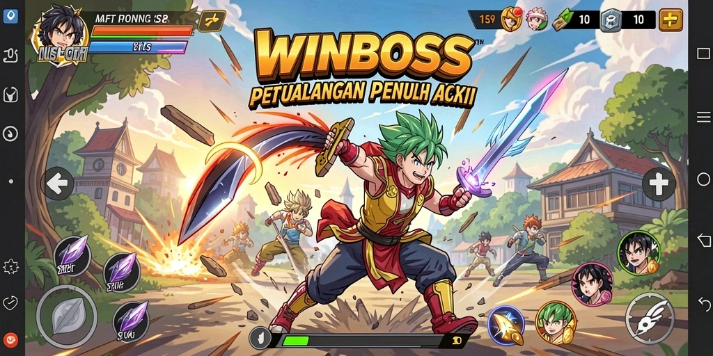 Tangkapan layar dari gameplay WINBOSS yang menampilkan pertarungan anime yang seru.